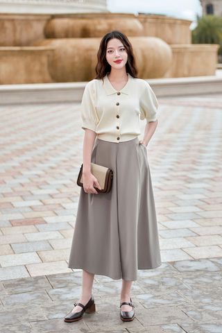 Quần ống rộng cạp liền ly giữa - V64W25Q012