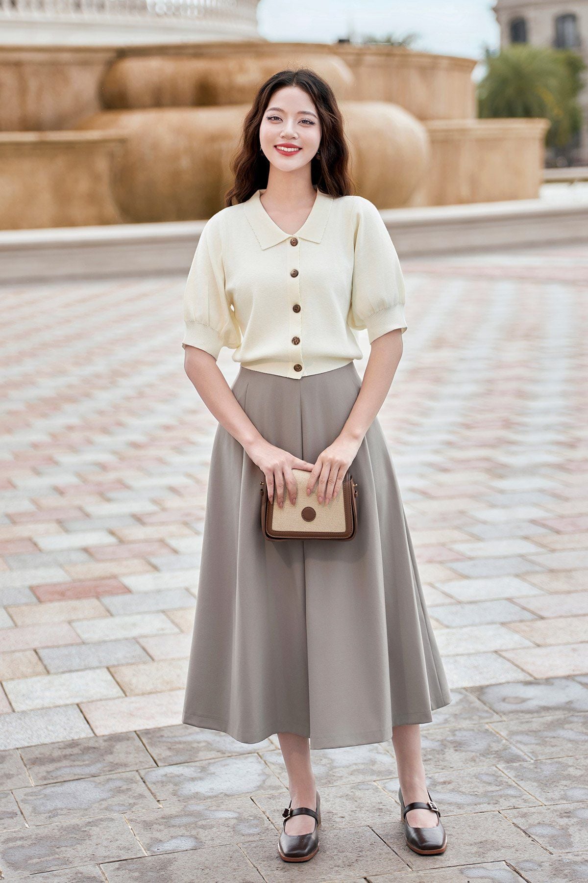 Quần ống rộng cạp liền ly giữa - V64W25Q012