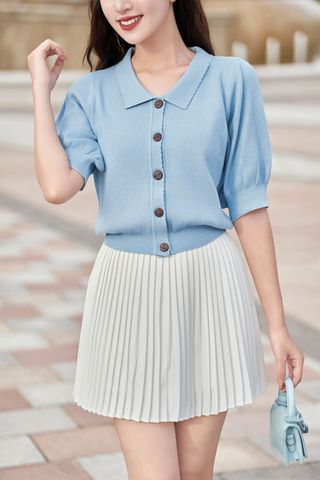 Áo len croptop cổ bẻ tay ngắn bồng - O61W25Q007