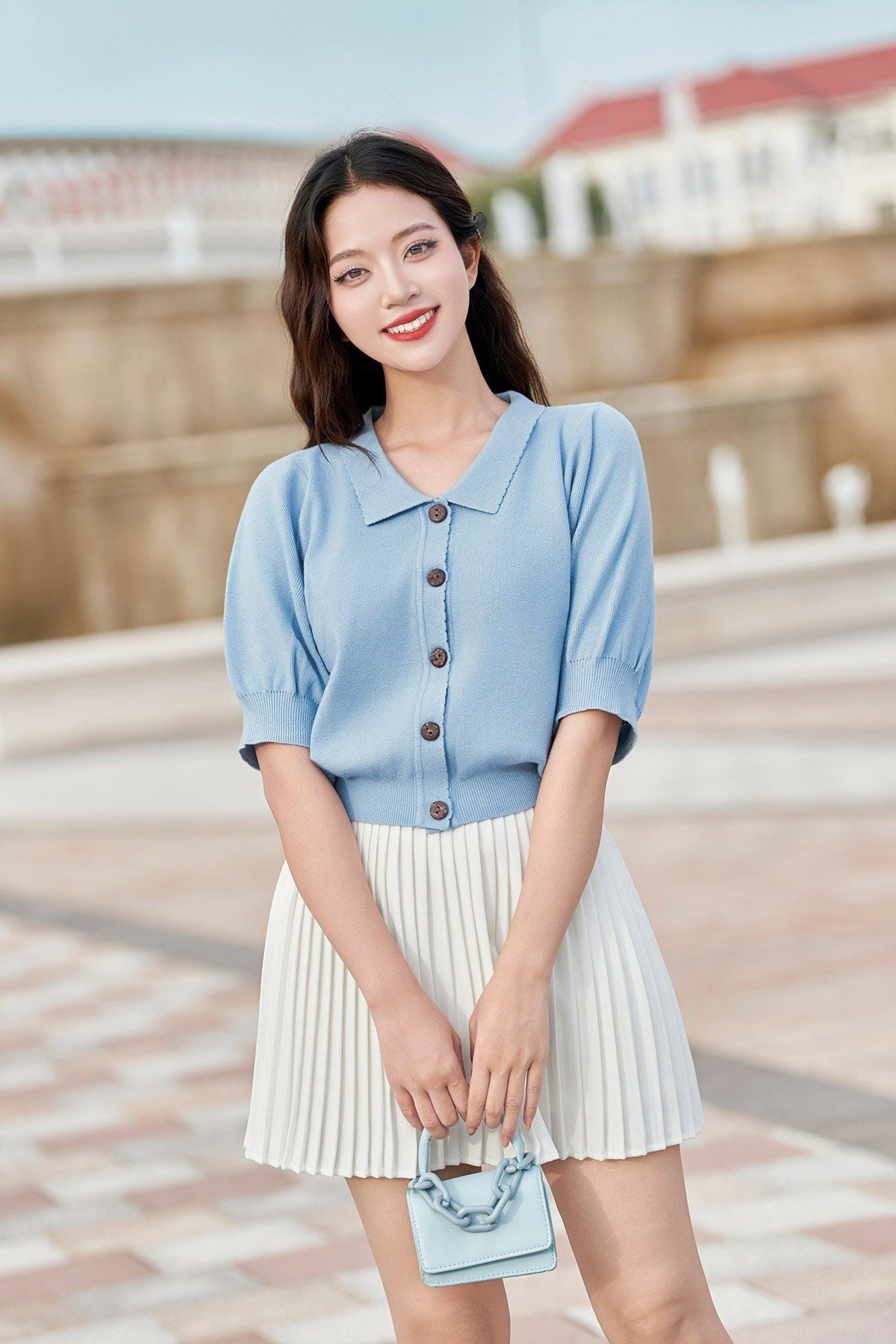 Áo len croptop cổ bẻ tay ngắn bồng - O61W25Q007