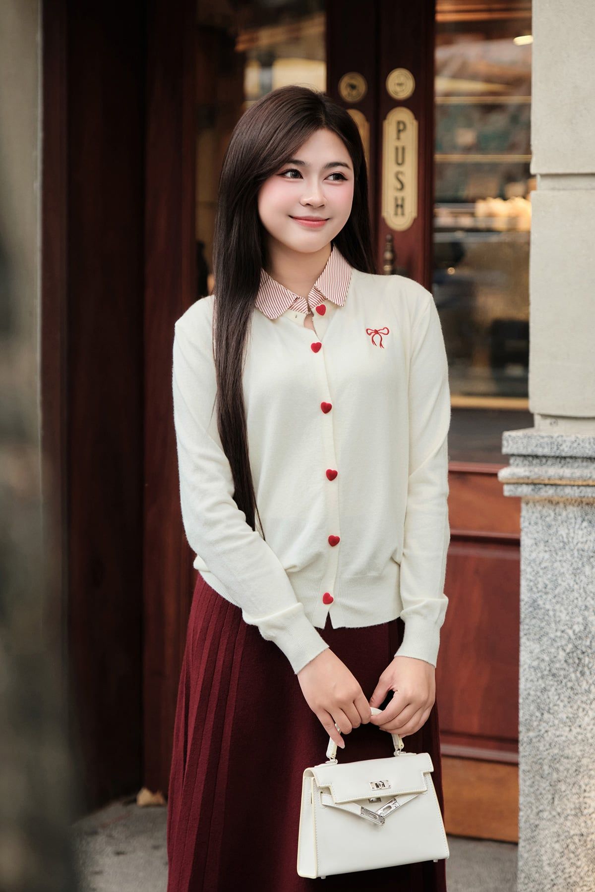 Áo len cardigan phối cổ - O61W25Q016 (Hình thêu ngẫu nhiên)