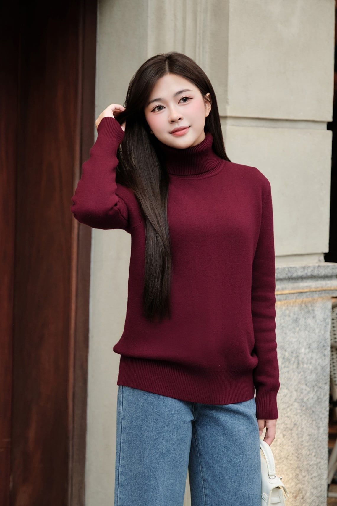 Áo len cổ lọ lót lông - O61W25T012