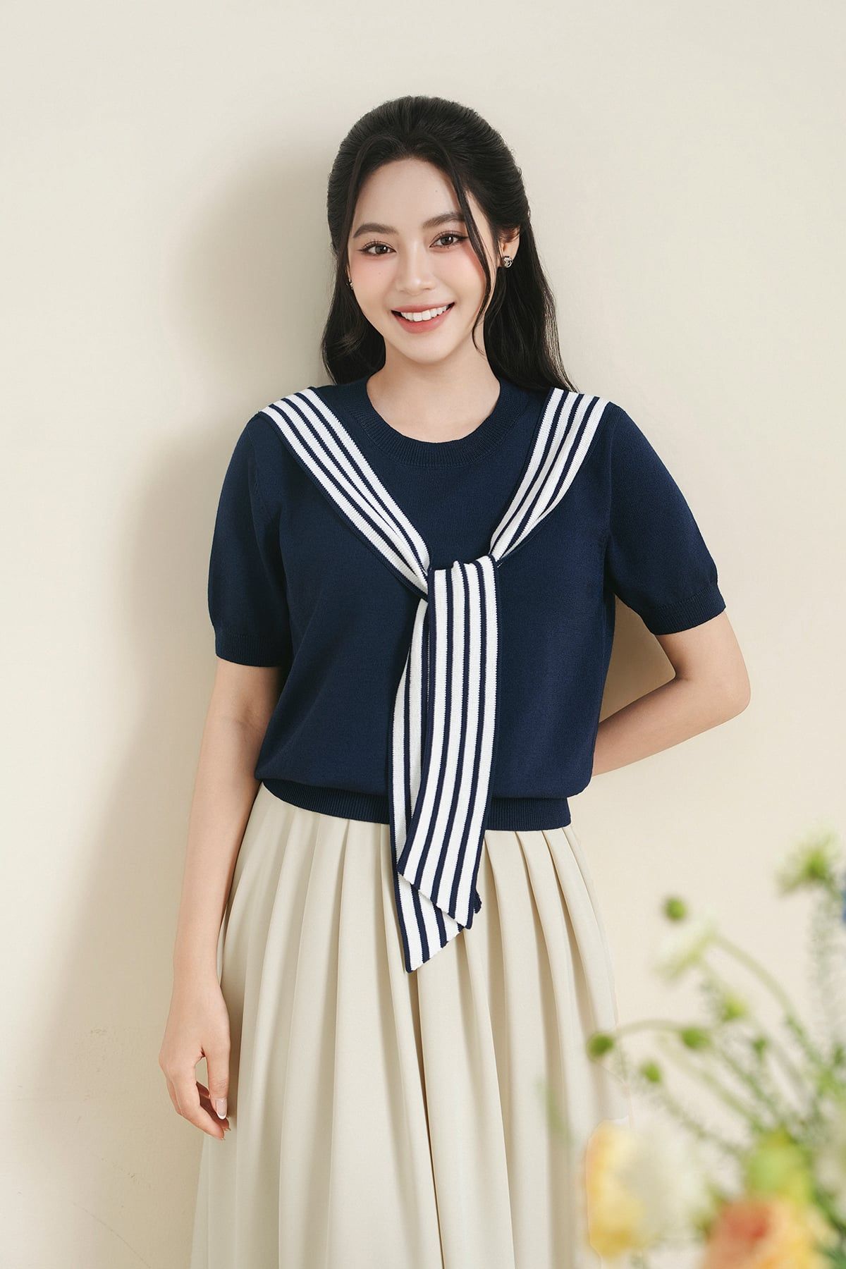 Áo len cộc tay bo gấu phối khăn kẻ - O61W26Q012