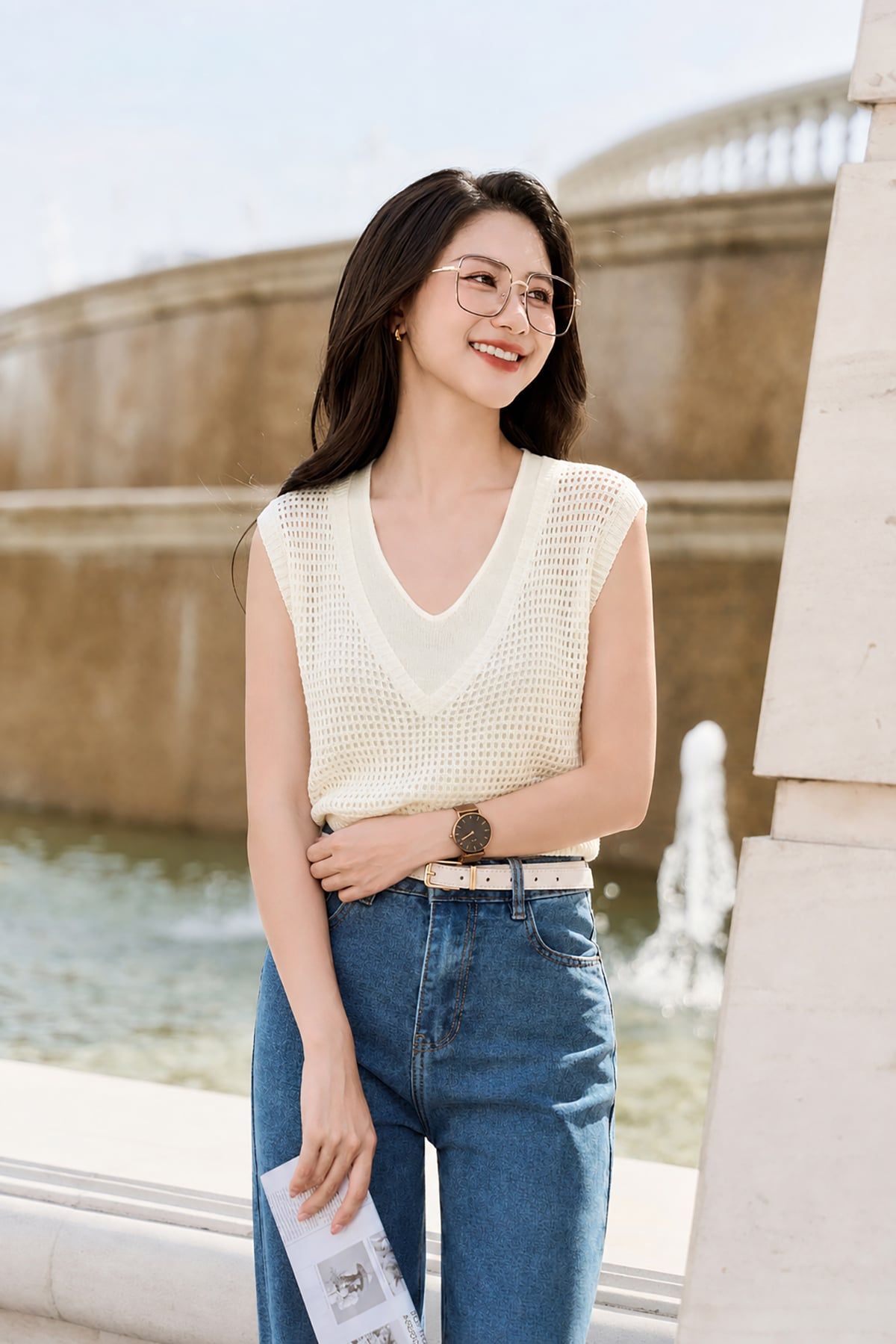 Áo len lưới vai chờm cổ tròn bo gấu - O61W26Q019