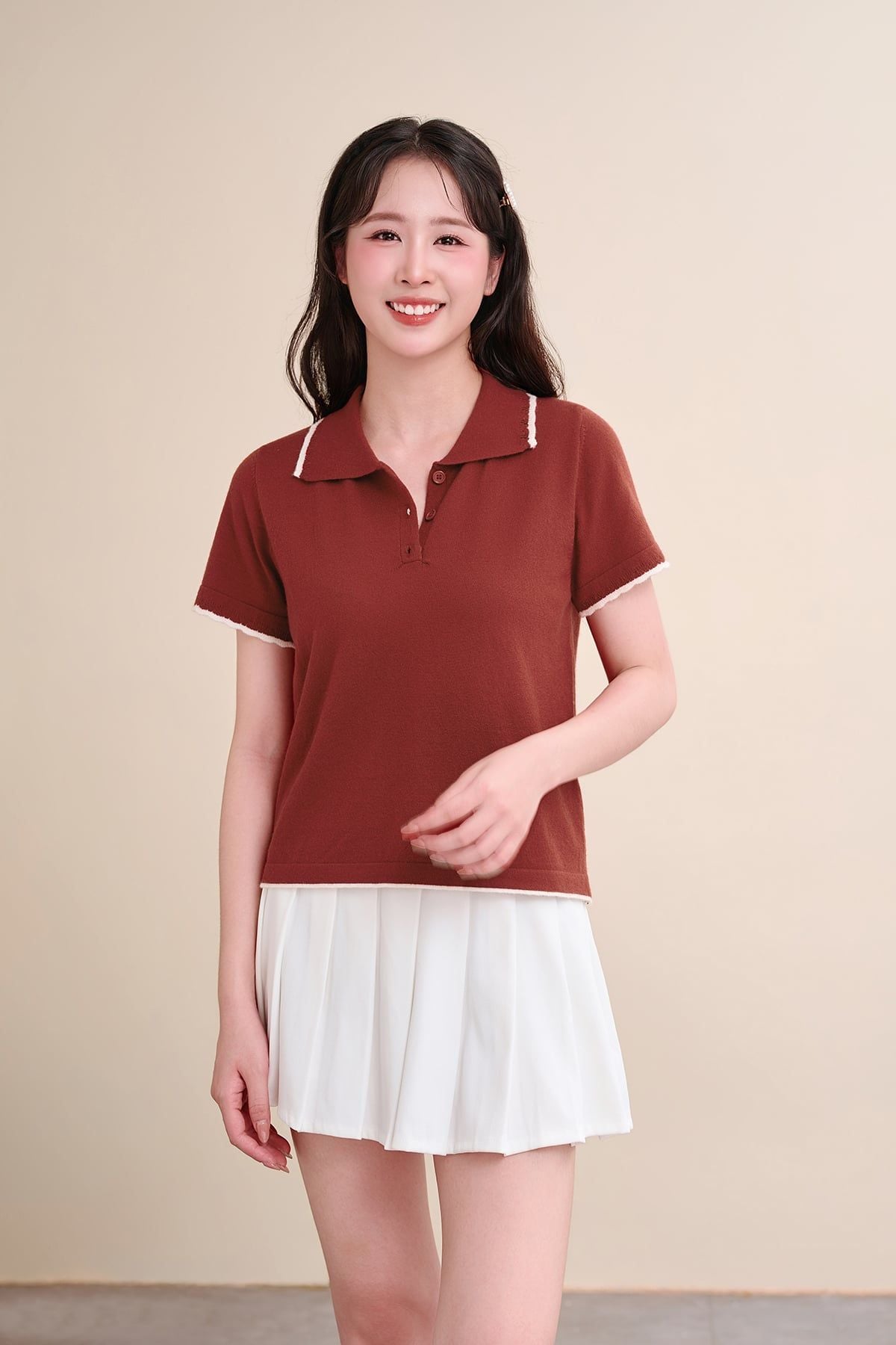Áo len cộc tay cổ bẻ cuốn gấu phối màu - O61W26Q031