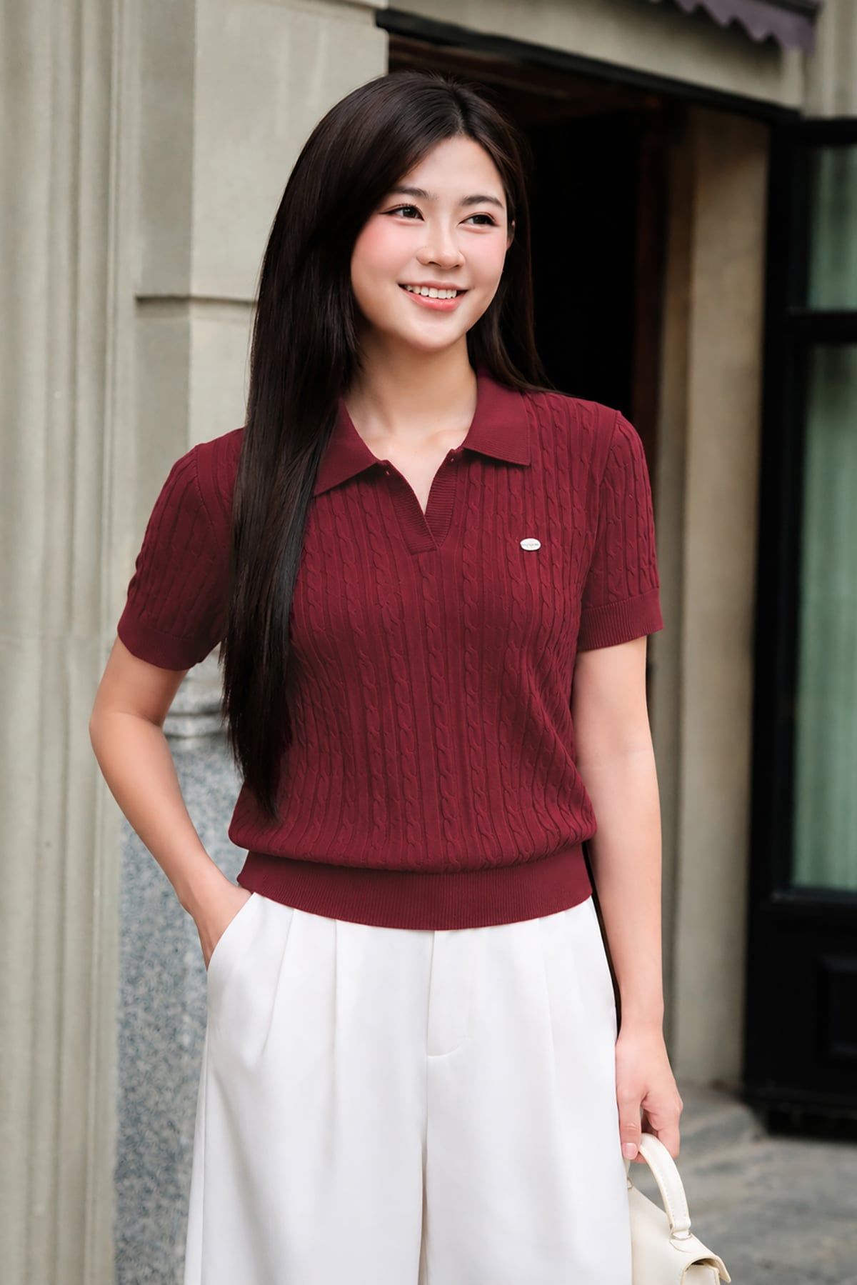 Áo len polo cộc tay basic vặn thừng - O61W26Q032