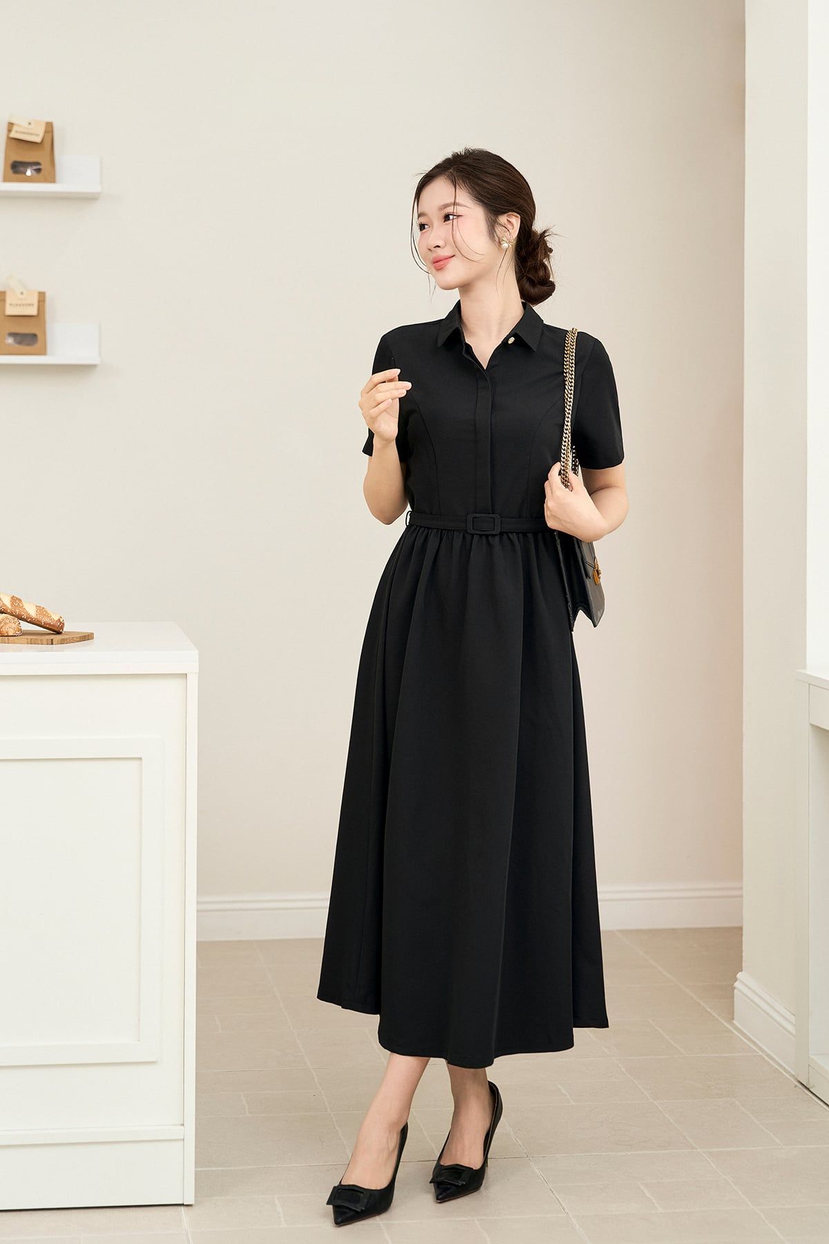 Đầm xòe cổ đức nẹp dấu khuy - O63M26H014