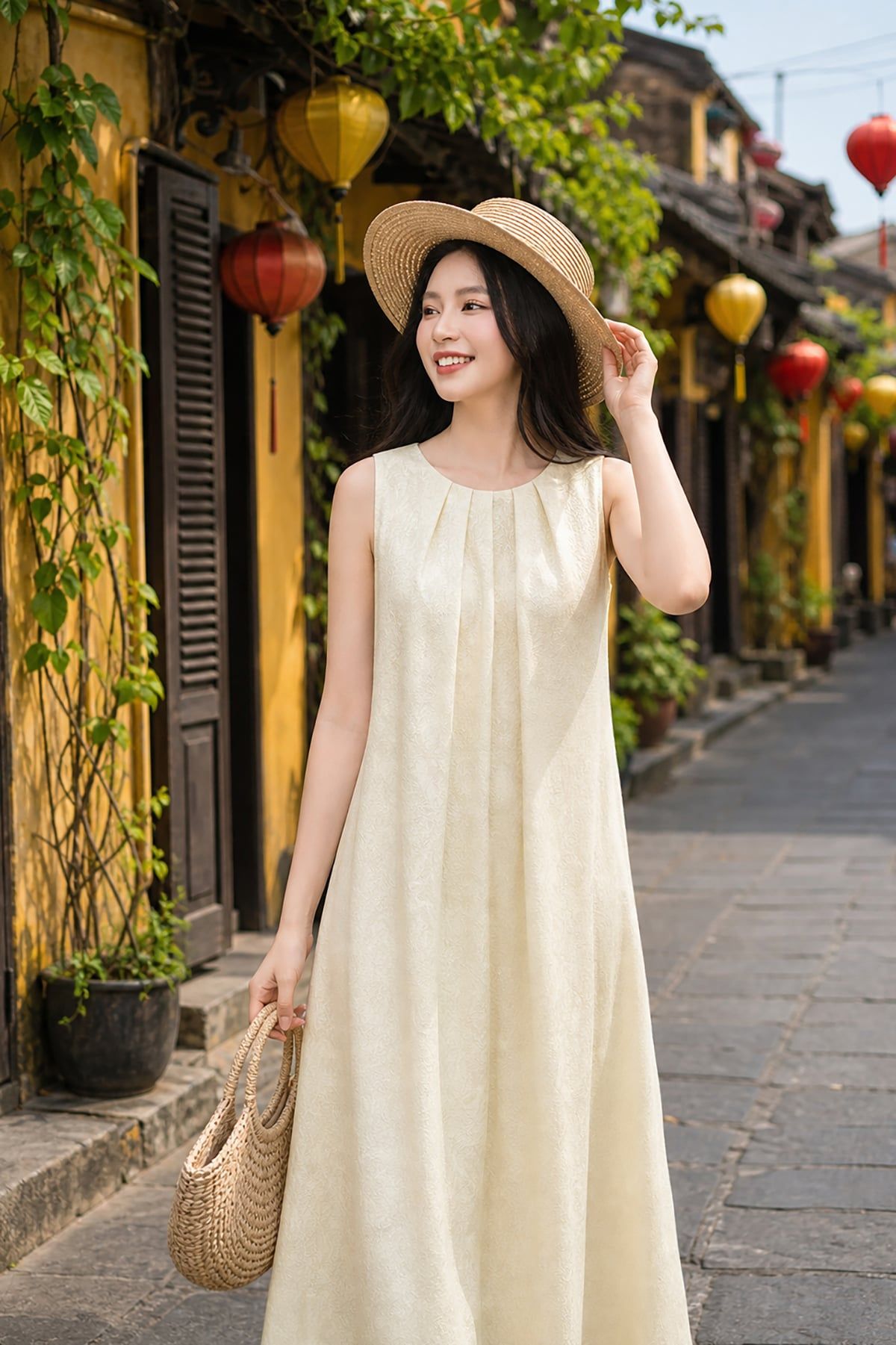 Đầm maxi cổ tròn họa tiết chìm - O63M26H026