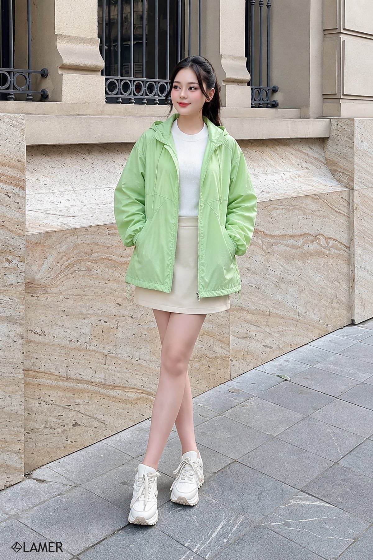 Áo khoác gió dáng rộng cổ mũ rút chun gấu - O65I26T006