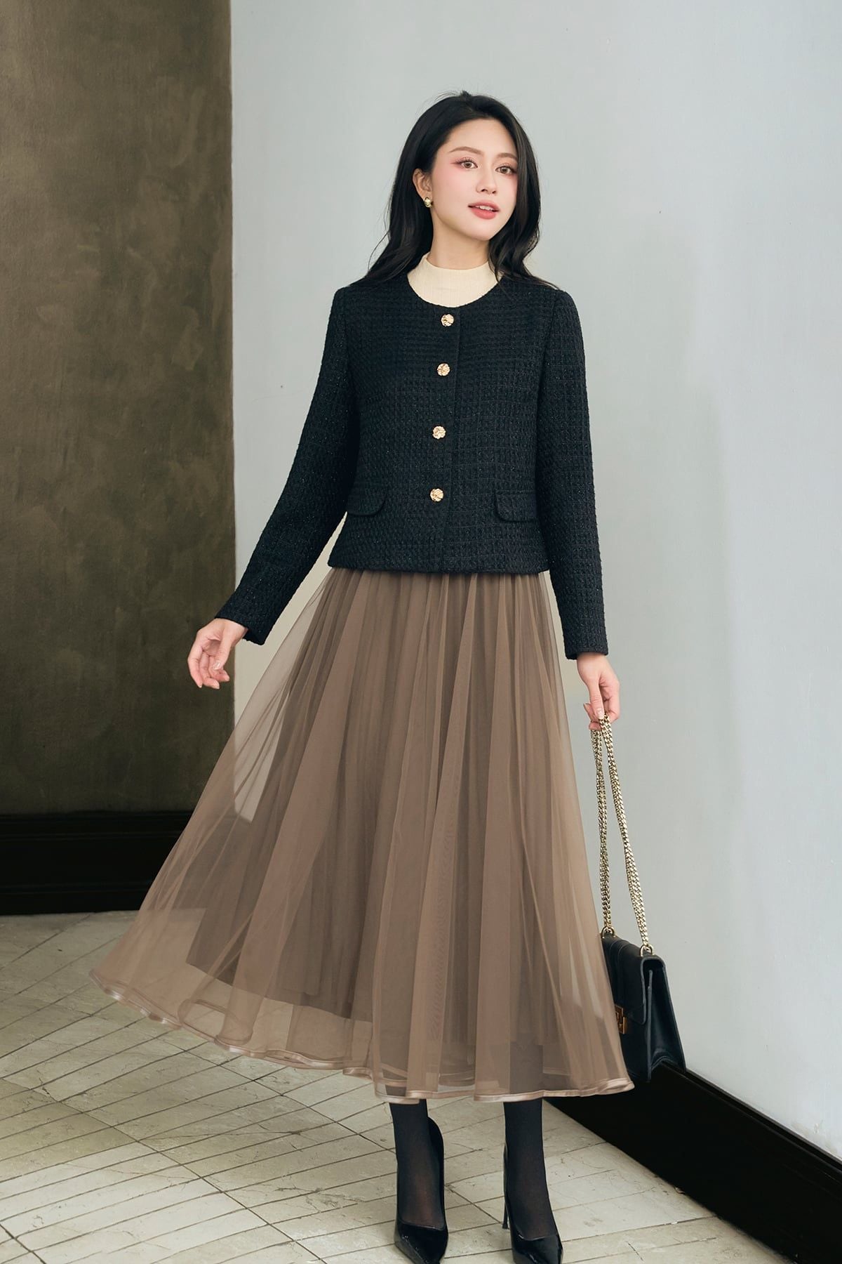 Chân váy xòe phủ lưới viền gấu - N62L25Q019