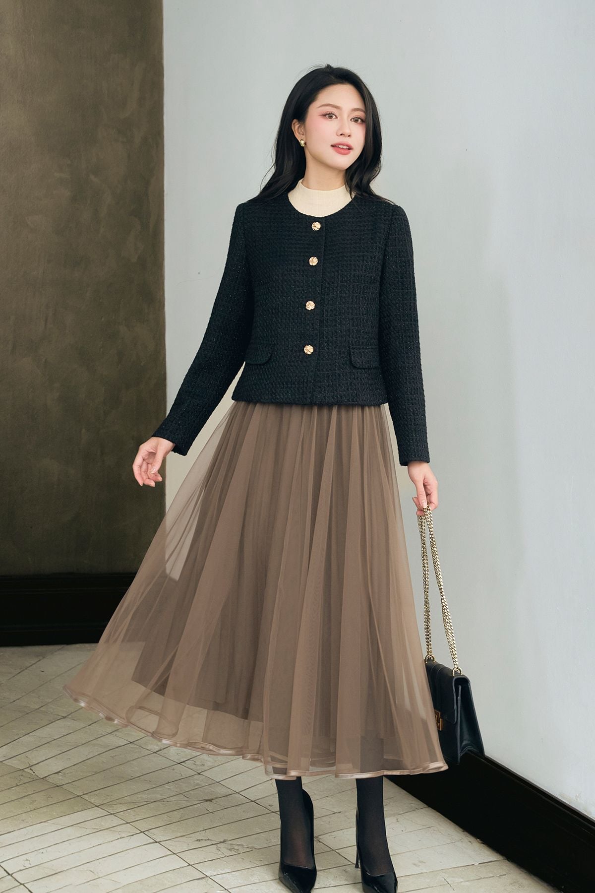 Áo khoác dạ tweed cổ tròn túi giả - O65W25T006