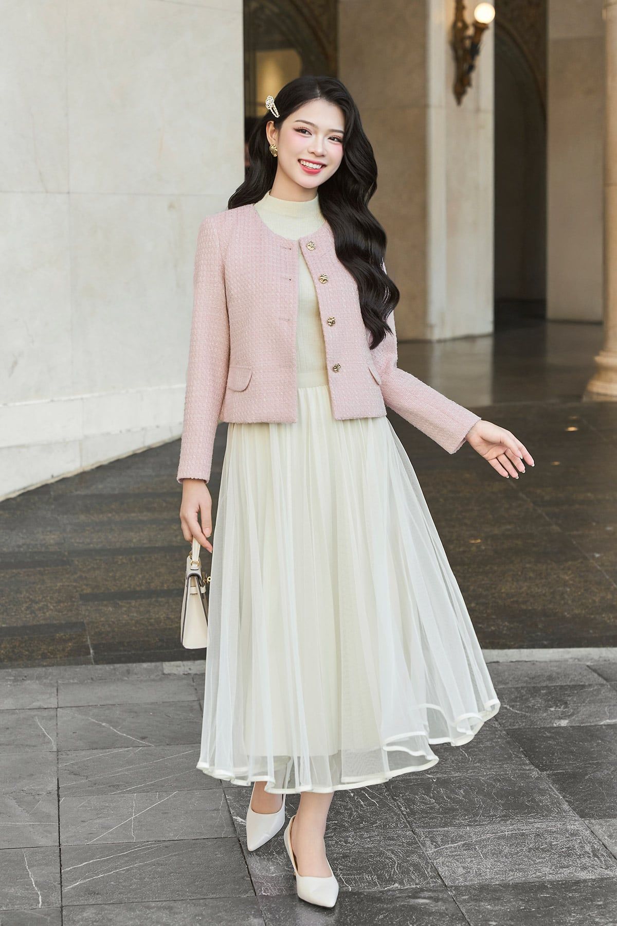 Chân váy xòe phủ lưới viền gấu - N62L25Q019