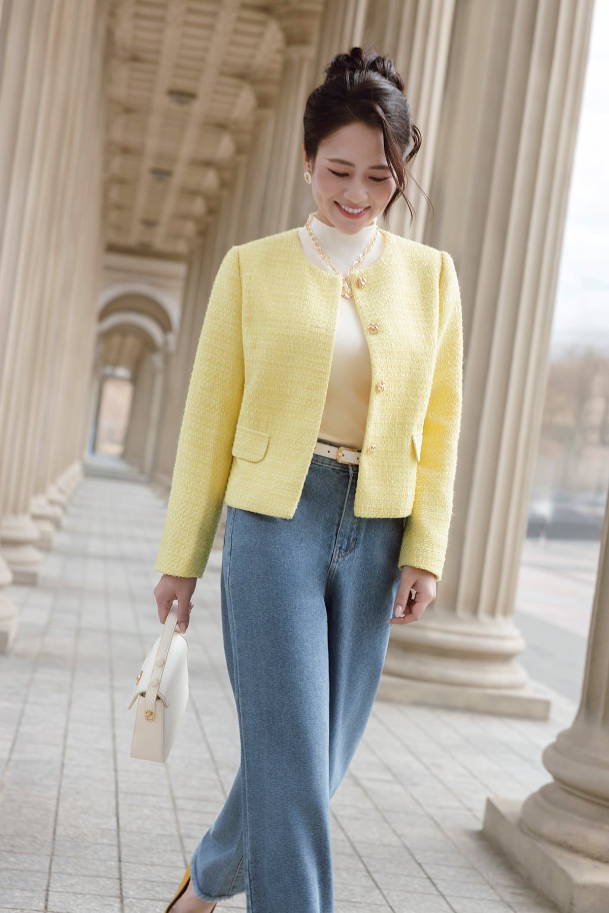 Áo khoác dạ tweed cổ tròn túi giả - O65W25T006