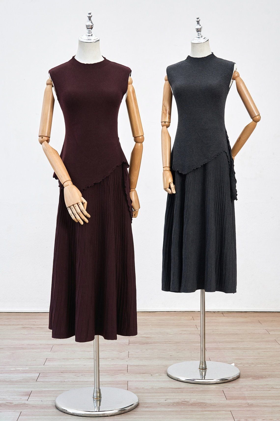 Set bộ áo len ôm cổ cuốn viền và chân váy dài dập ly - S66C25Q002