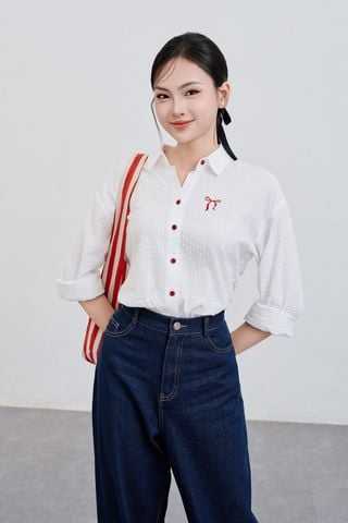 Áo sơ mi basic dáng rộng thêu nơ - V61H25Q020