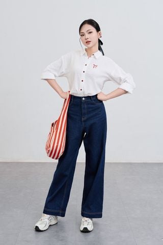 Áo sơ mi basic dáng rộng thêu nơ - V61H25Q020