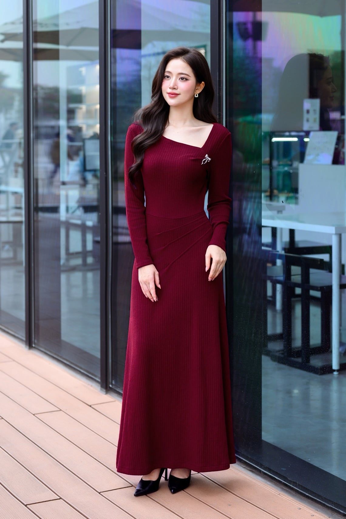 Đầm xoè xếp ly eo một bên cổ lệch - V63L25T004