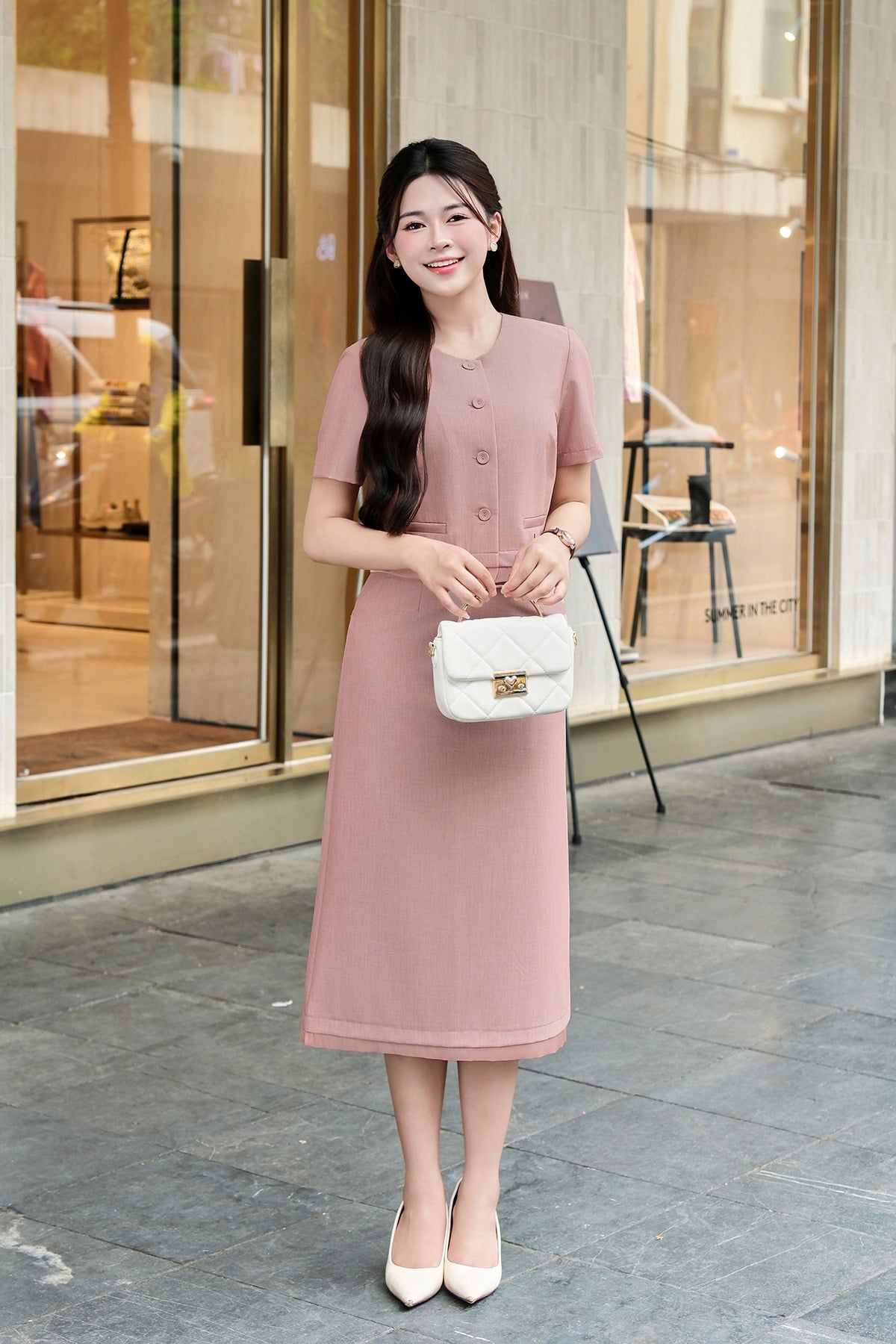 Áo tay ngắn cổ tròn phối gấu - V65D25H001