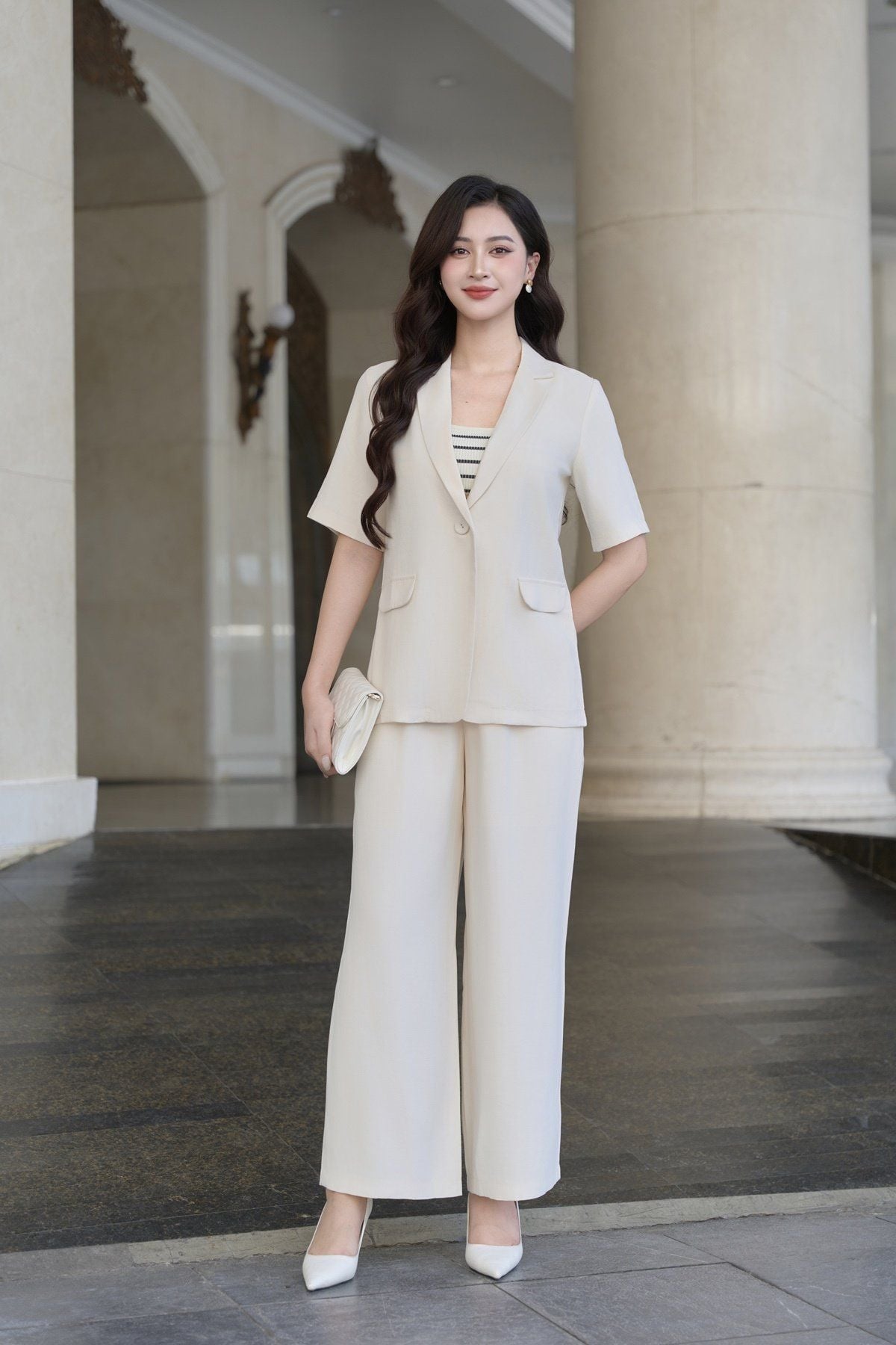 Áo đờ mi cổ 2 ve tay tay ngắn - V65D25Q015