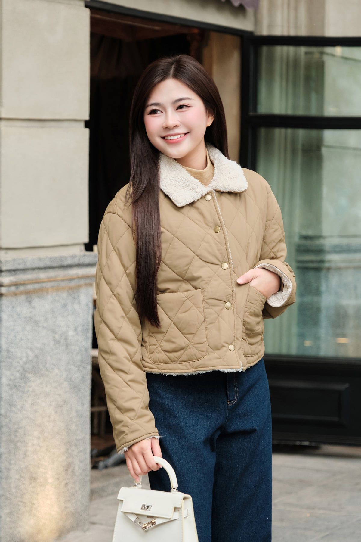 Áo phao cổ lông 2 túi ốp - V65P25T008