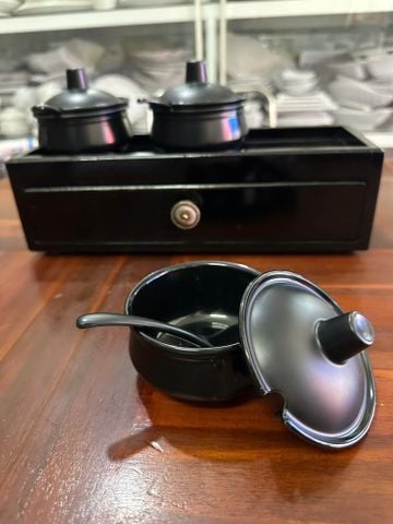 Combo Hộp Đũa Gỗ Kèm Hủ Gia Vị Màu Đen