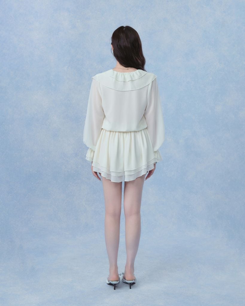 Flore Dress - Váy chiffon nhún eo cổ V bèo