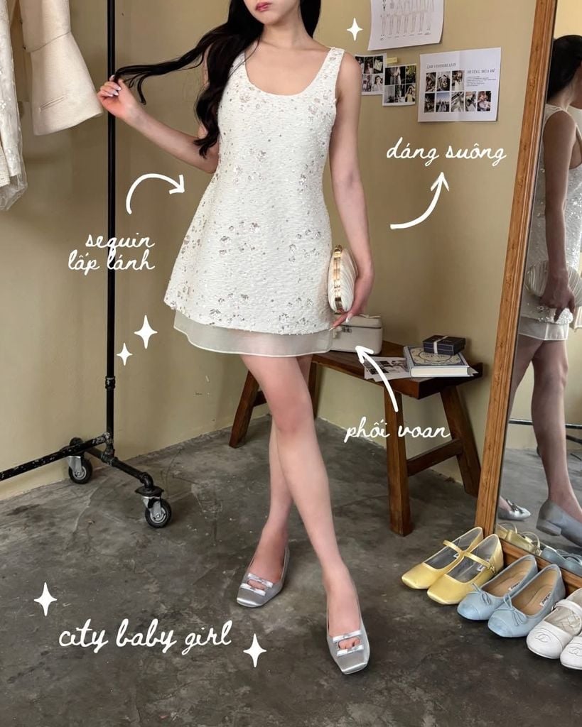 Ceri Dress - Váy đính kim sa phối voan