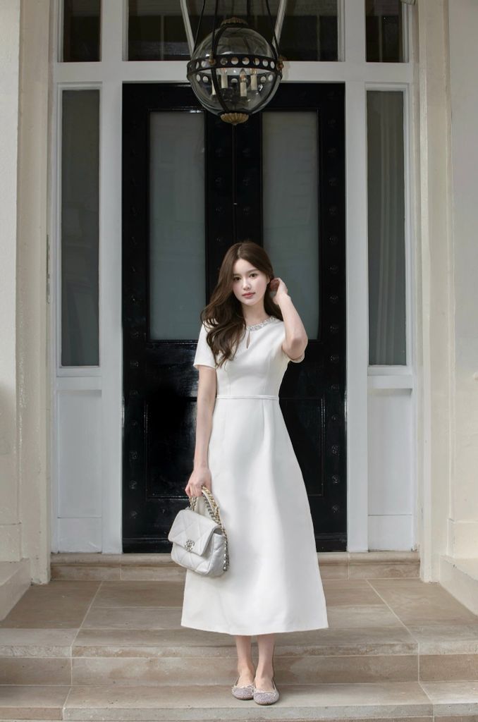 Valentina Dress - Đầm midi ngắn tay cổ đá chiết eo