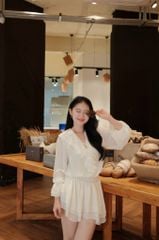 Flore Dress - Váy chiffon nhún eo cổ V bèo
