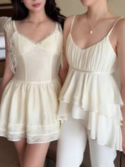 Helena Dress - Váy 2 dây tơ nhăn phối ren