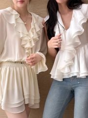 Flore Dress - Váy chiffon nhún eo cổ V bèo