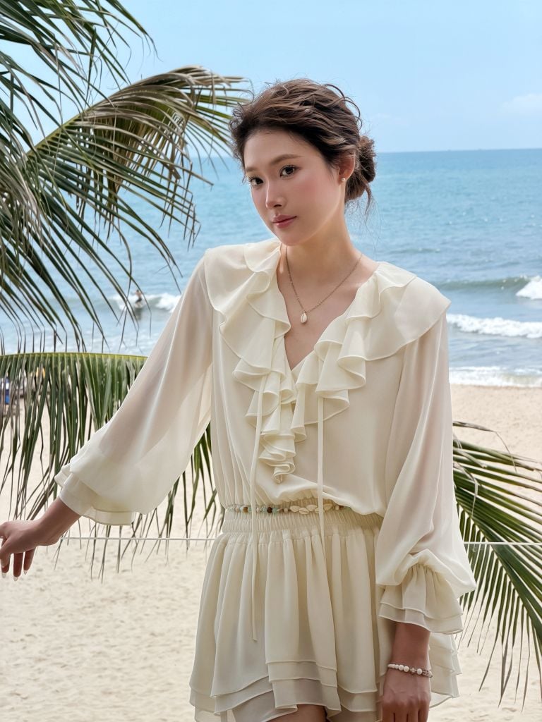 Flore Dress - Váy chiffon nhún eo cổ V bèo