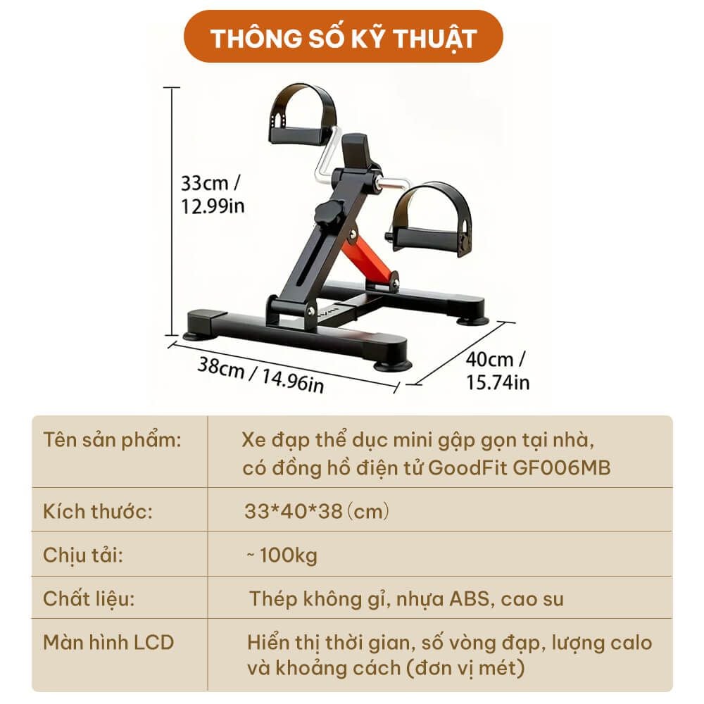 Xe đạp gấp gọn mini tập thể dục tại nhà, có đồng hồ điện tử GoodFit GF006MB