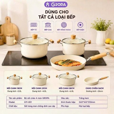 Bộ Nồi Chảo không kén bếp 4 Món GROPA G11-001