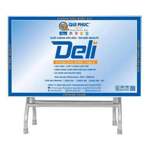 Bàn inox DELI 700 x 1200 (mm) 304 mặt trơn Quy Phúc 1000000006