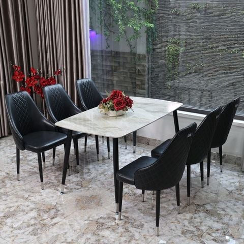 Combo Bàn Ceramic chân chữ U - Trắng + 6 Ghế da PU Beta chân sắt - Đen