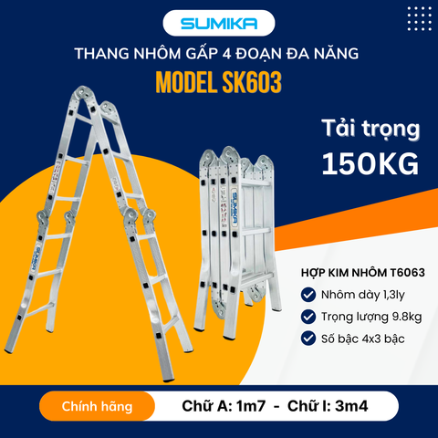 Thang nhôm gấp 4 đoạn SUMIKA SK603, chữ A cao 1.7m, chữ I cao 3.4m