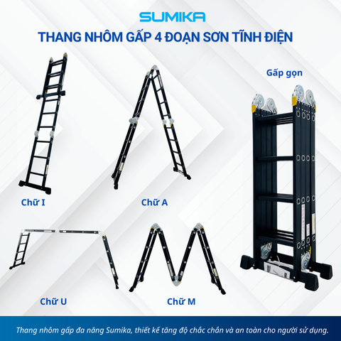 Thang nhôm gấp 4 đoạn Sumika SKM204 NEW, chữ A cao 2.35m, chữ I cao 4.