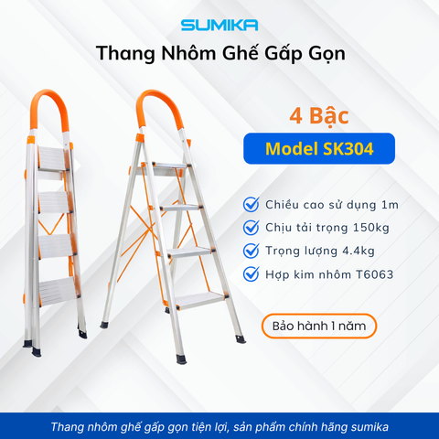 Thang nhôm ghế 4 bậc SUMIKA SK304, chiều cao 1.0m, tải trọng 150kg