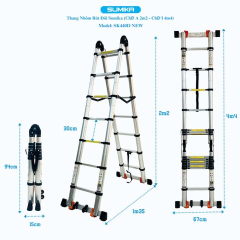 Thang nhôm rút đôi SUMIKA SK440D NEW, chiều cao 2.2m+2.2m