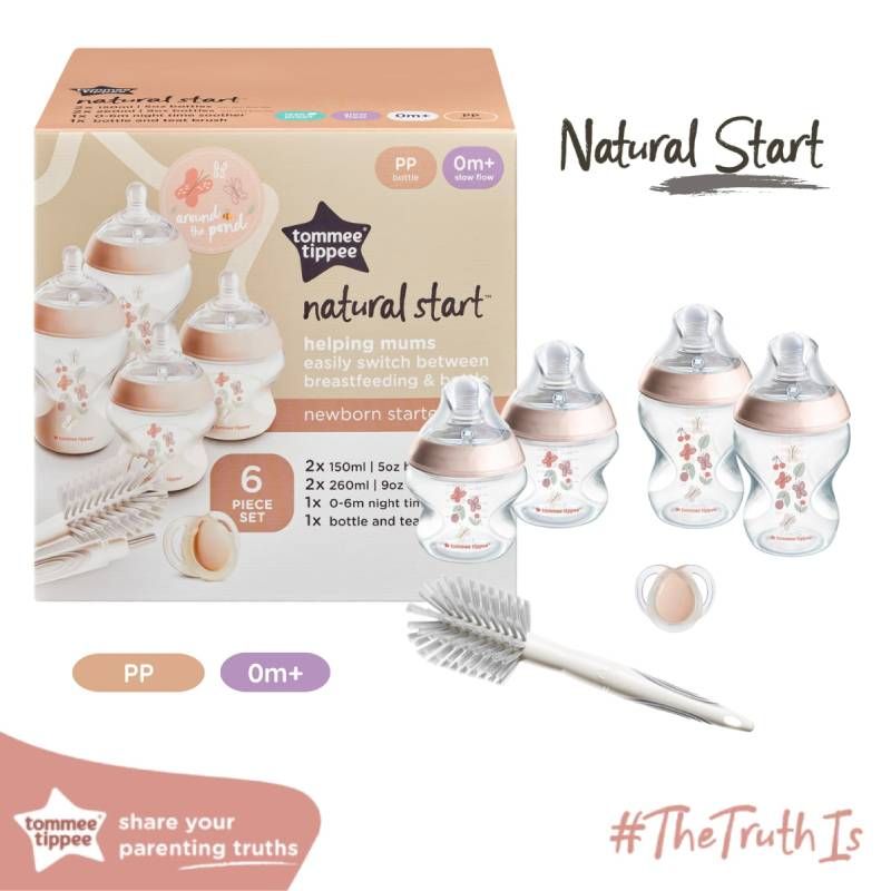 BỘ BÌNH SỮA SƠ SINH PP TOMMEE TIPPEE - HỌA TIẾT, HỒNG (BAO GỒM: 2 BÌNH 260ML, 2 BÌNH 150ML, 1 TY NGẬM DẠ QUANG 0-6 THÁNG, 1 CỌ RỬA BÌNH SỮA VÀ NÚM TY)