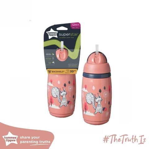 Bình uống nước giữ nhiệt có ống hút kháng khuẩn chống tràn cho bé Tommee Tippee Super Star 266ml - Hồng (12m+)