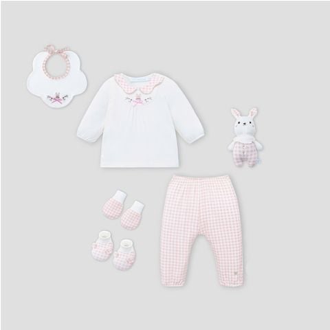 Set Nous quà tặng 5 món màu trắng phối kẻ caro hồng 0M