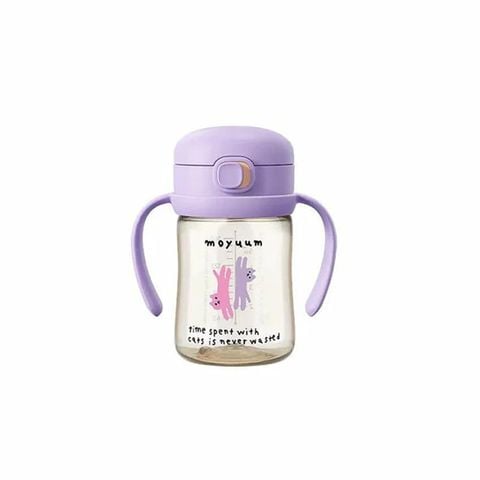 Bình tập uống Moyuum PPSU nắp bật - Họa tiết hình mèo With cat nắp tím