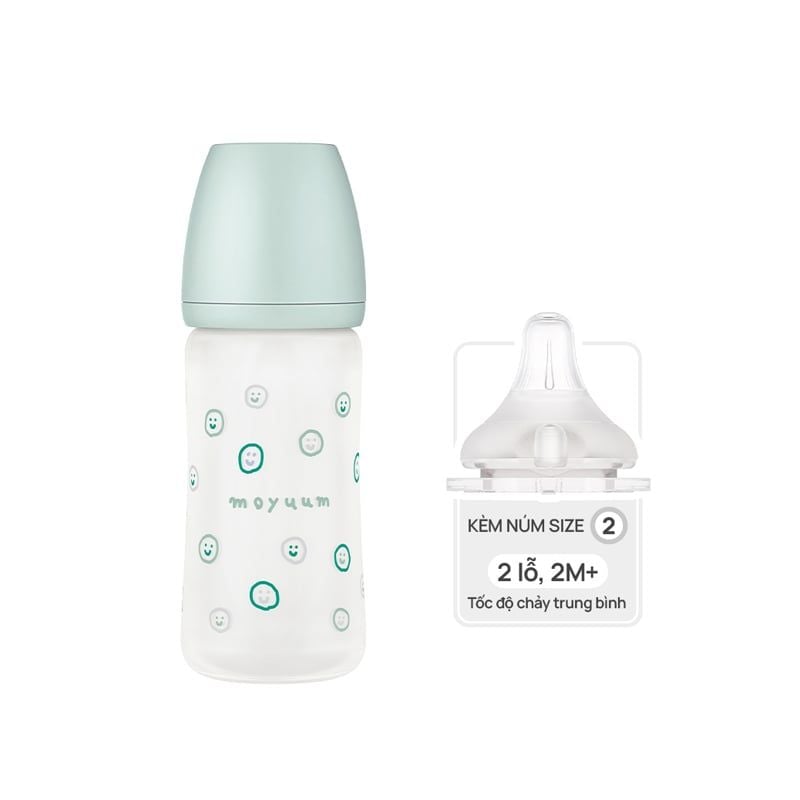 BÌNH SỮA MOYUUM THỦY TINH TRÁNG SILICON - 240ML PHIÊN BẢN HAPPY MORE (SET GỒM BỈNH + NÚM 2-5M)