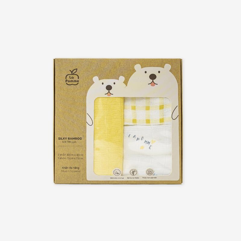 Set 3 Khăn đa năng sợi tre lụa La Pomme mix hoạ tiết - Vàng (Sư tử nhỏ)
