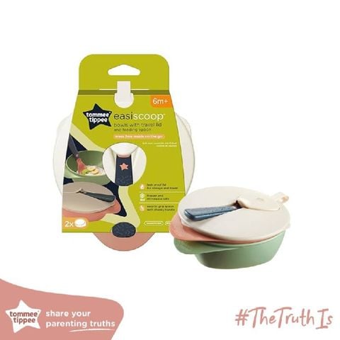 Bộ 2 Bát Ăn Dặm Kèm Nắp Và Thìa Cho Bé Tommee Tippee Easy Scoop Từ 6 Tháng