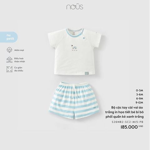 Bộ cộc tay cài vai áo trắng in họa tiết bé bi bô phối quần kẻ xanh trắng