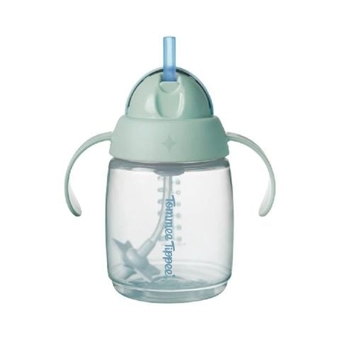 Bình tập uống nước có ống hút đáy nặng chống tràn, chống sặc Tommee Tippee Trainer Straw 240ml – Xanh (6m+)
