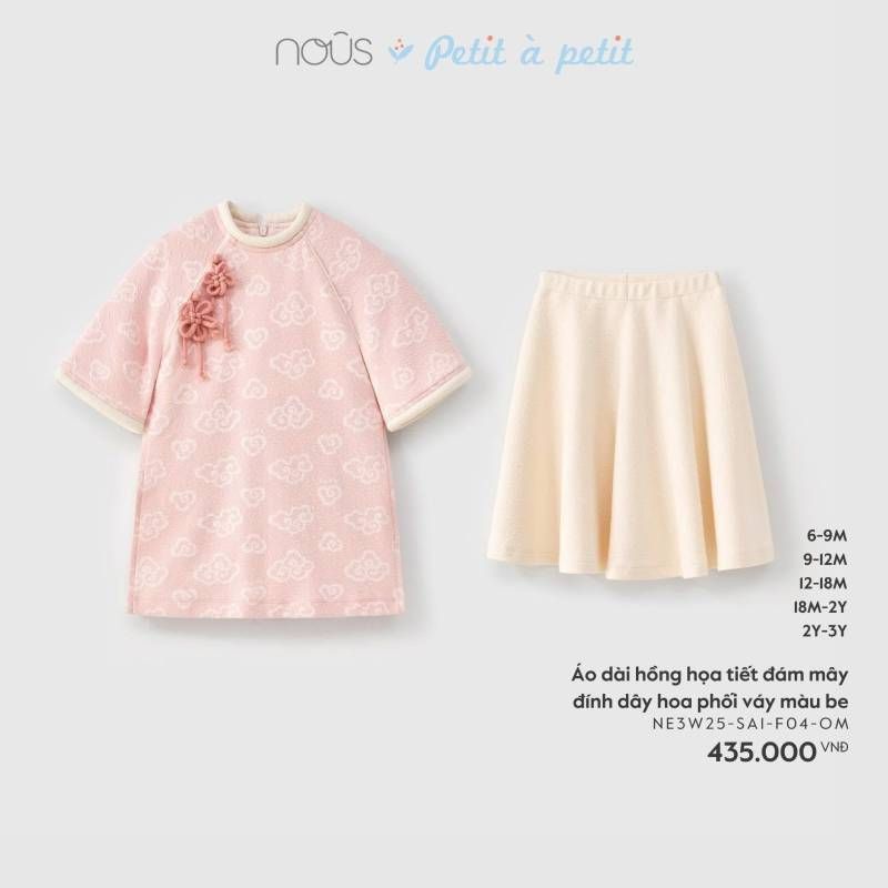 ÁO DÀI HỒNG NOUS HỌA TIẾT ĐÁM MÂY ĐÍNH DÂY HOA PHỐI VÁY MÀU BE